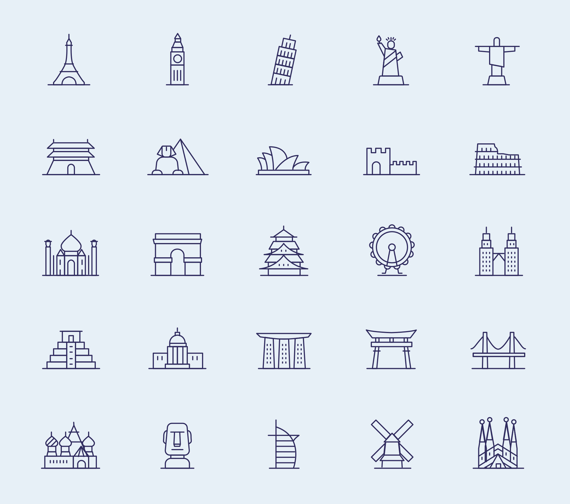 25枚世界各地著名地标图形矢量图标 25 vector landmark icons