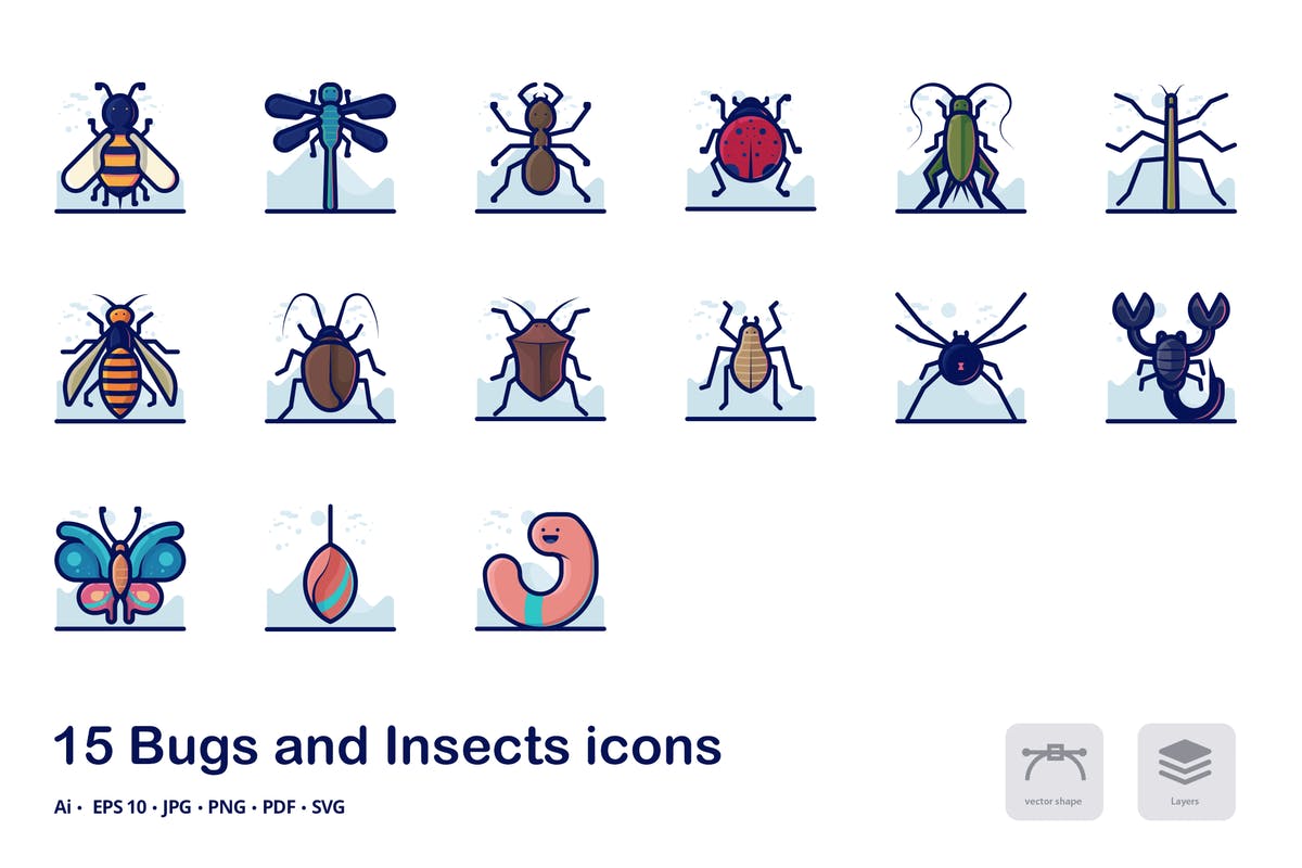 臭虫&昆虫细节填充轮廓线形图标 bugs and insects detailed filled
